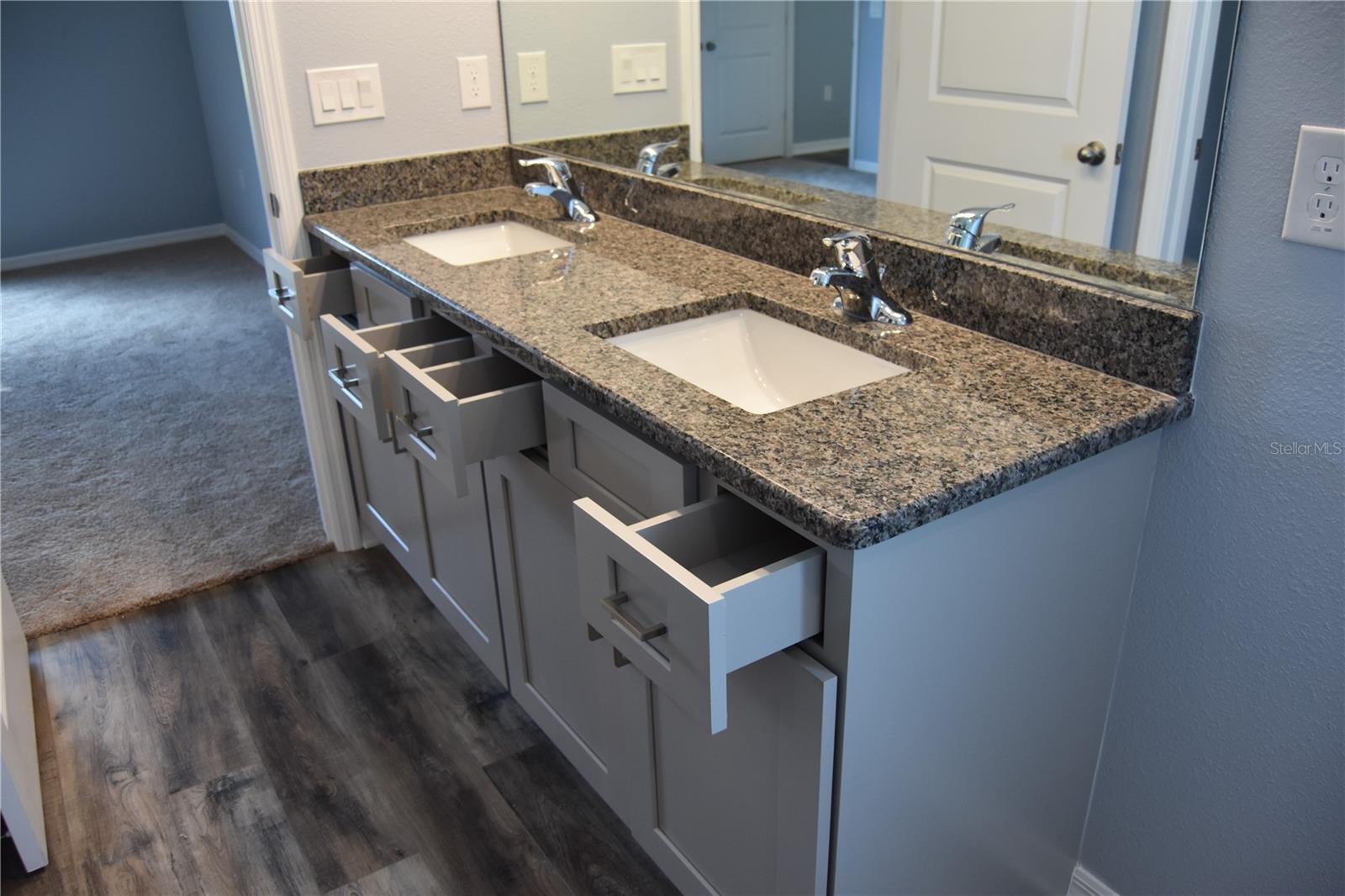 Primary ensuite double vanity with plenty of drawers for storage.