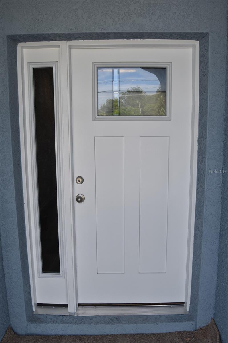 Craftsman style front door with window and sidelight.