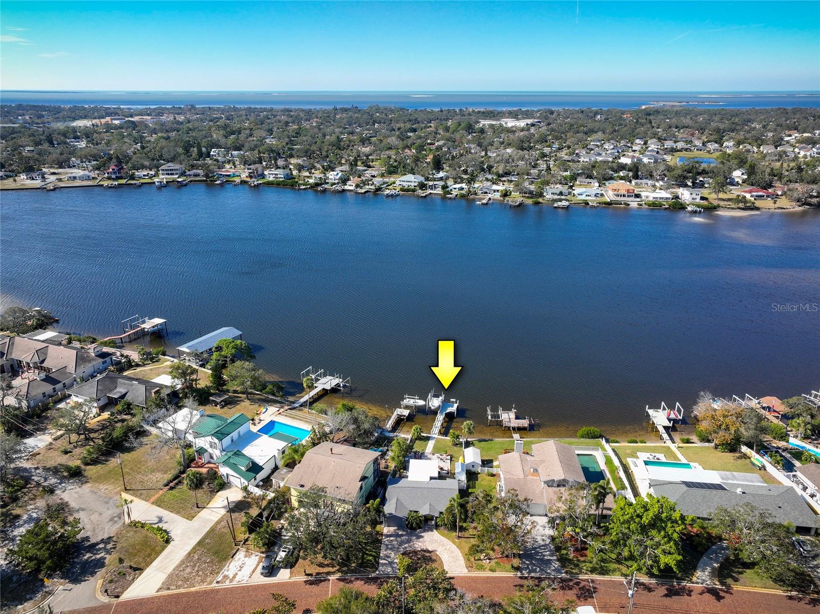 Aerial view of Kreamer Bayou with Gulf of Mexico in the distance