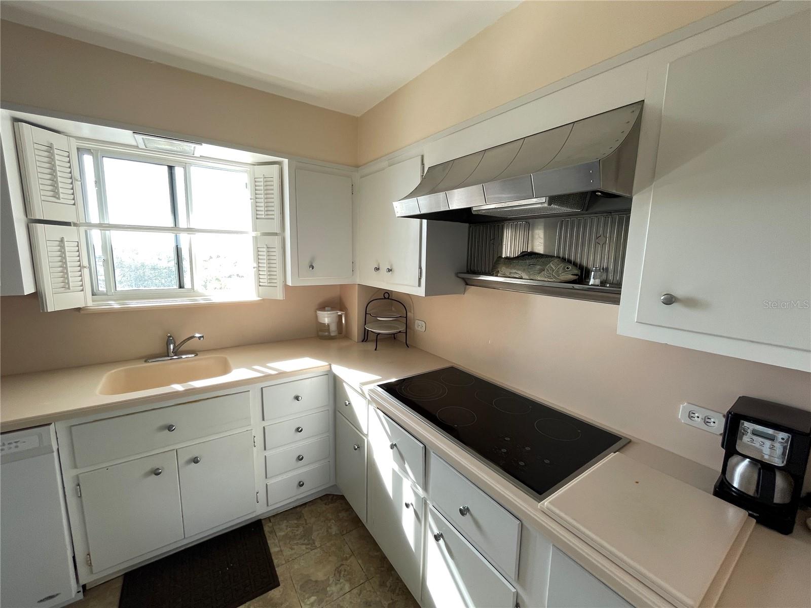 Kitchen with west facing window.  Corian Counters