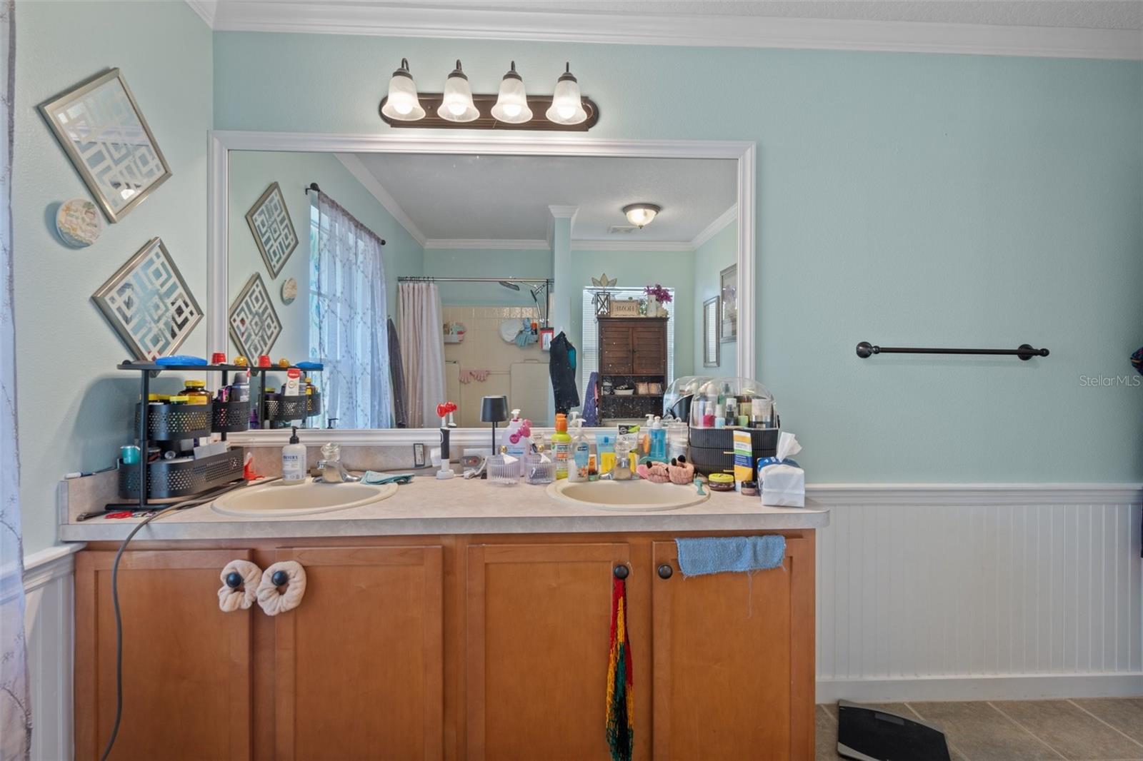 The Vanity has dual sinks and lots of storage space