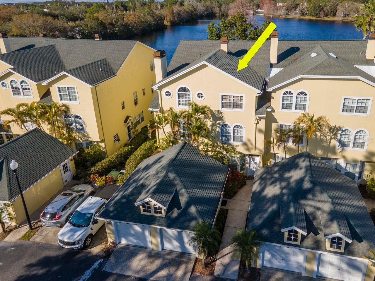 Aerial view of front of townhome.