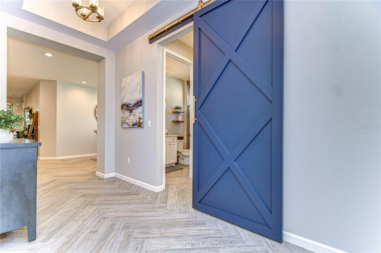 Foyer featured trayed ceilings and fantastic sliding door!