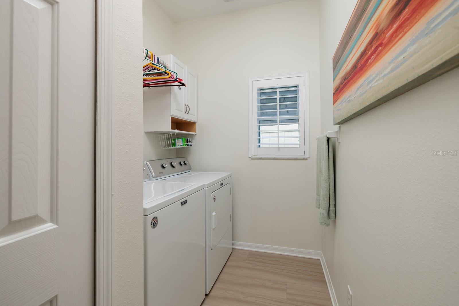 Laundry area with storage is quietly tucked away near the kitchen area.