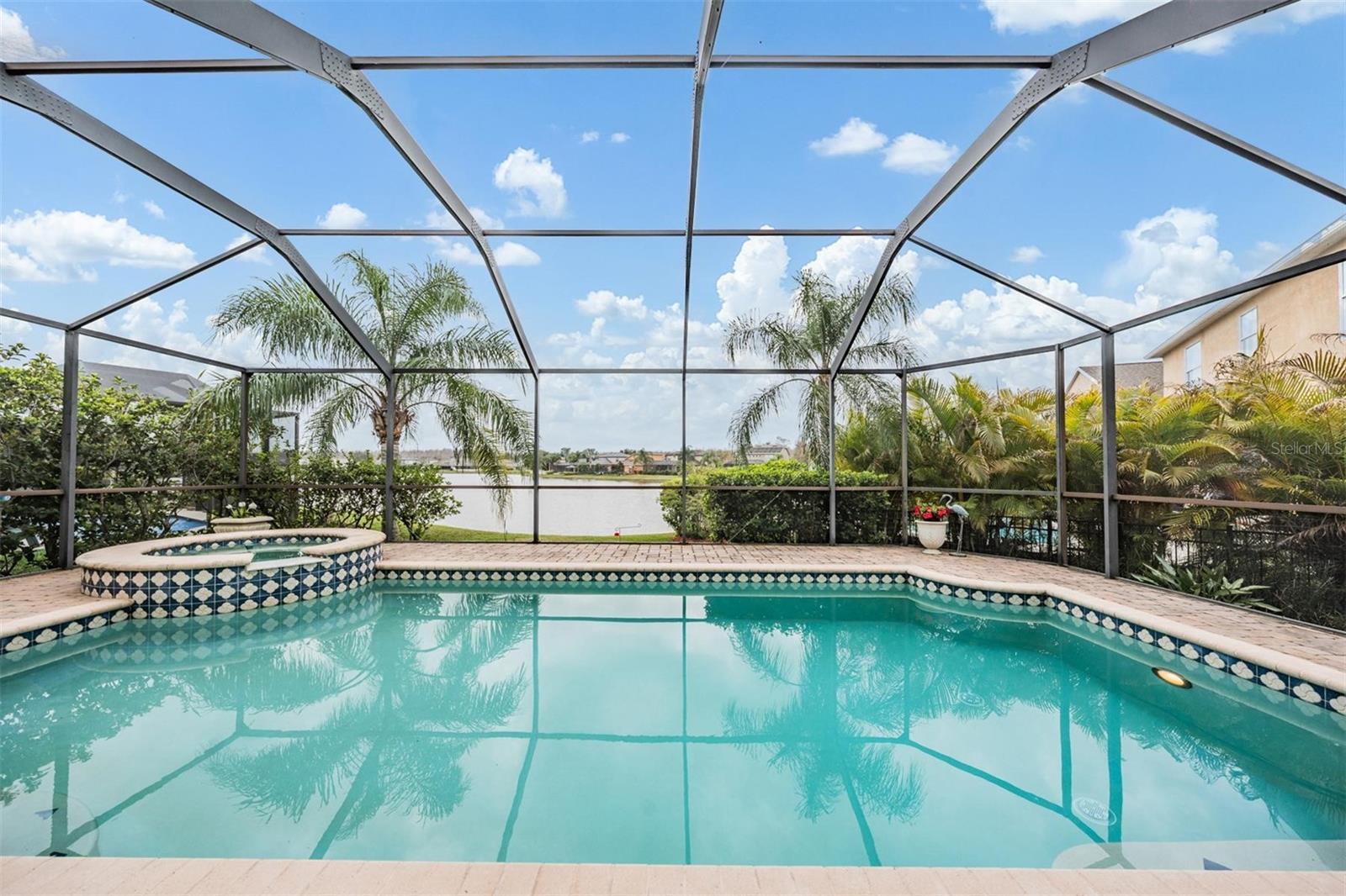 Screened in pool with pond view