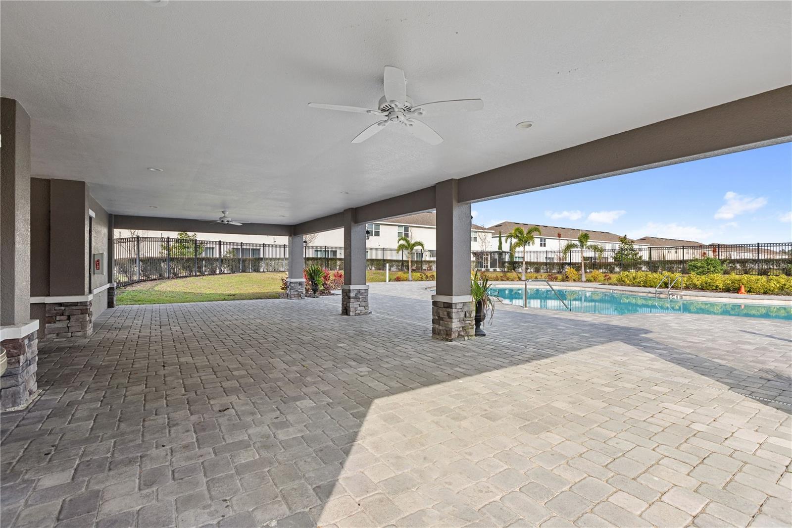 Outdoor Clubhouse with furniture in warmer weather.