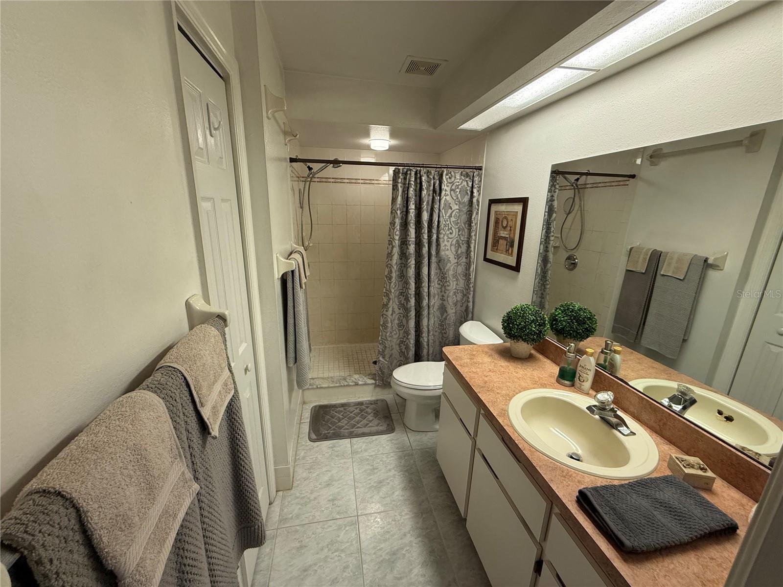 Primary bathroom with linen closet and walk-in shower