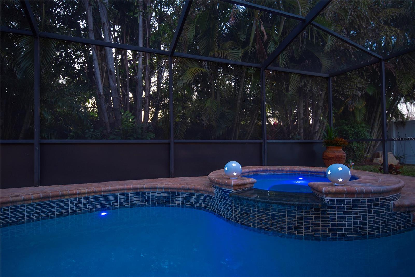 LED lights in pool and spa.