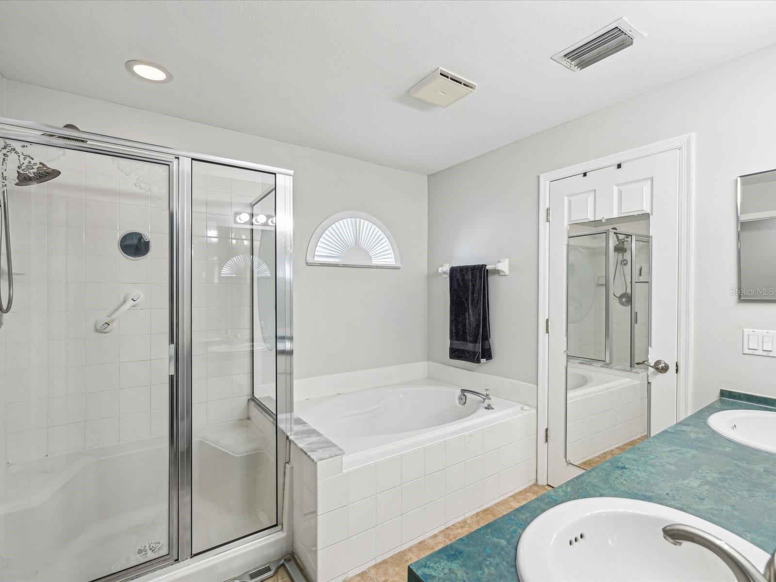 Primary bath with soaker tub, shower & large walk in closet