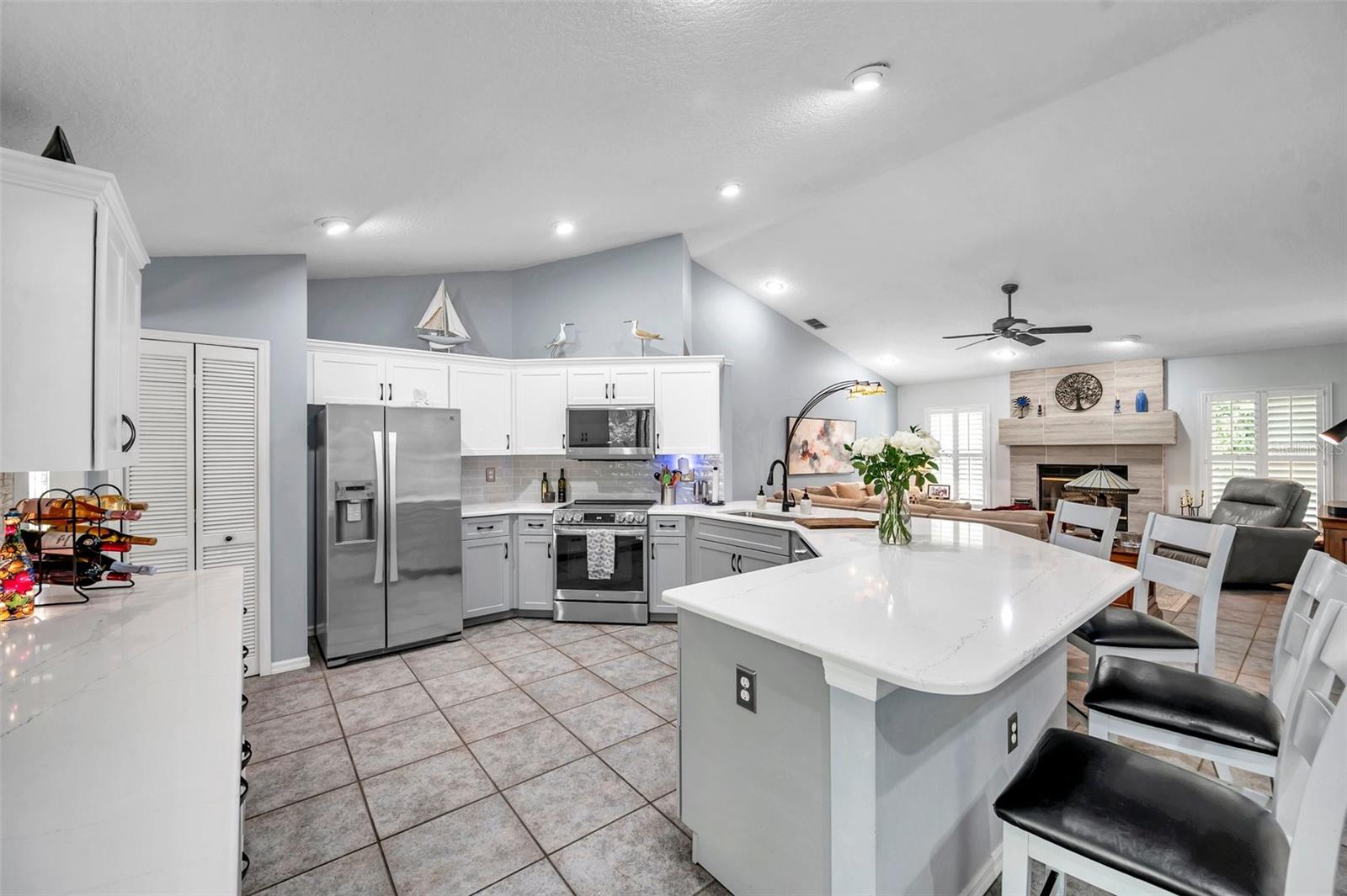 The angled breakfast bar is the perfect place for casual dining