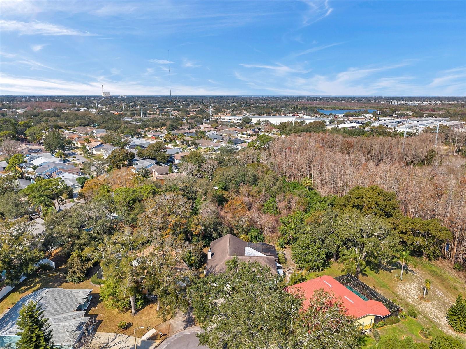 View from over the cul-de-sac with conservation area behind the home