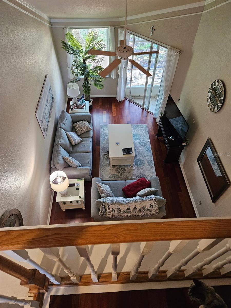 view from loft area overlooking living room