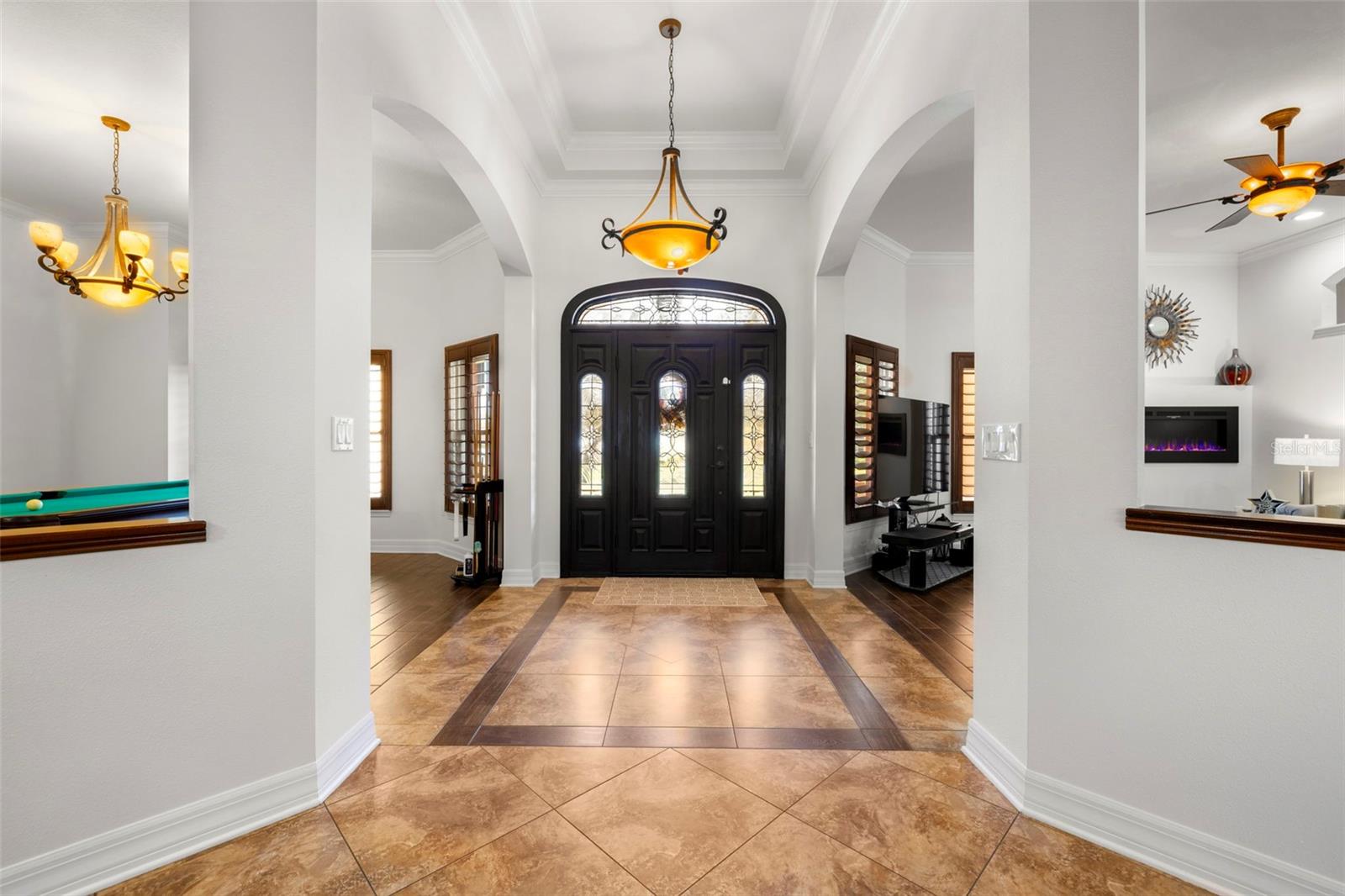 Entry Door with Custom Leaded Glass Insert, Sidelights - Transom Window, Trey Ceiling with Double Crown Molding!