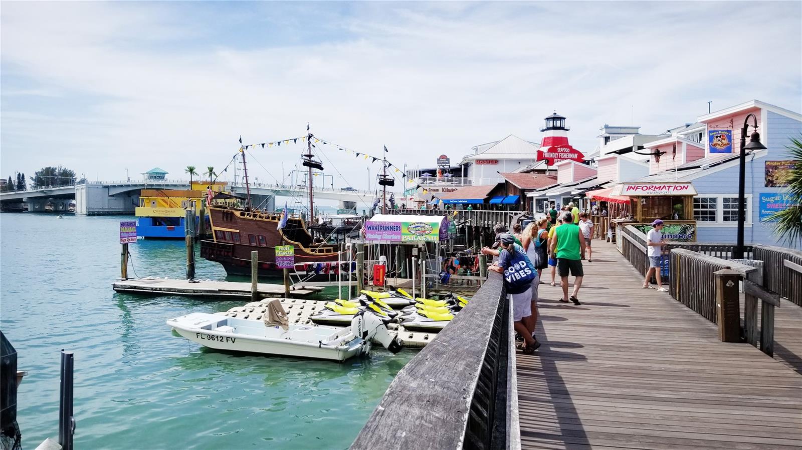 Johns Pass, where you can Rent Jet Skis or Parasail, Pirate ship, Tiki Float, Dolphin Watches and more!