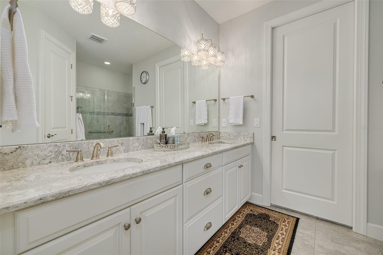 Primary bathroom with quartz countertops and dual sinks