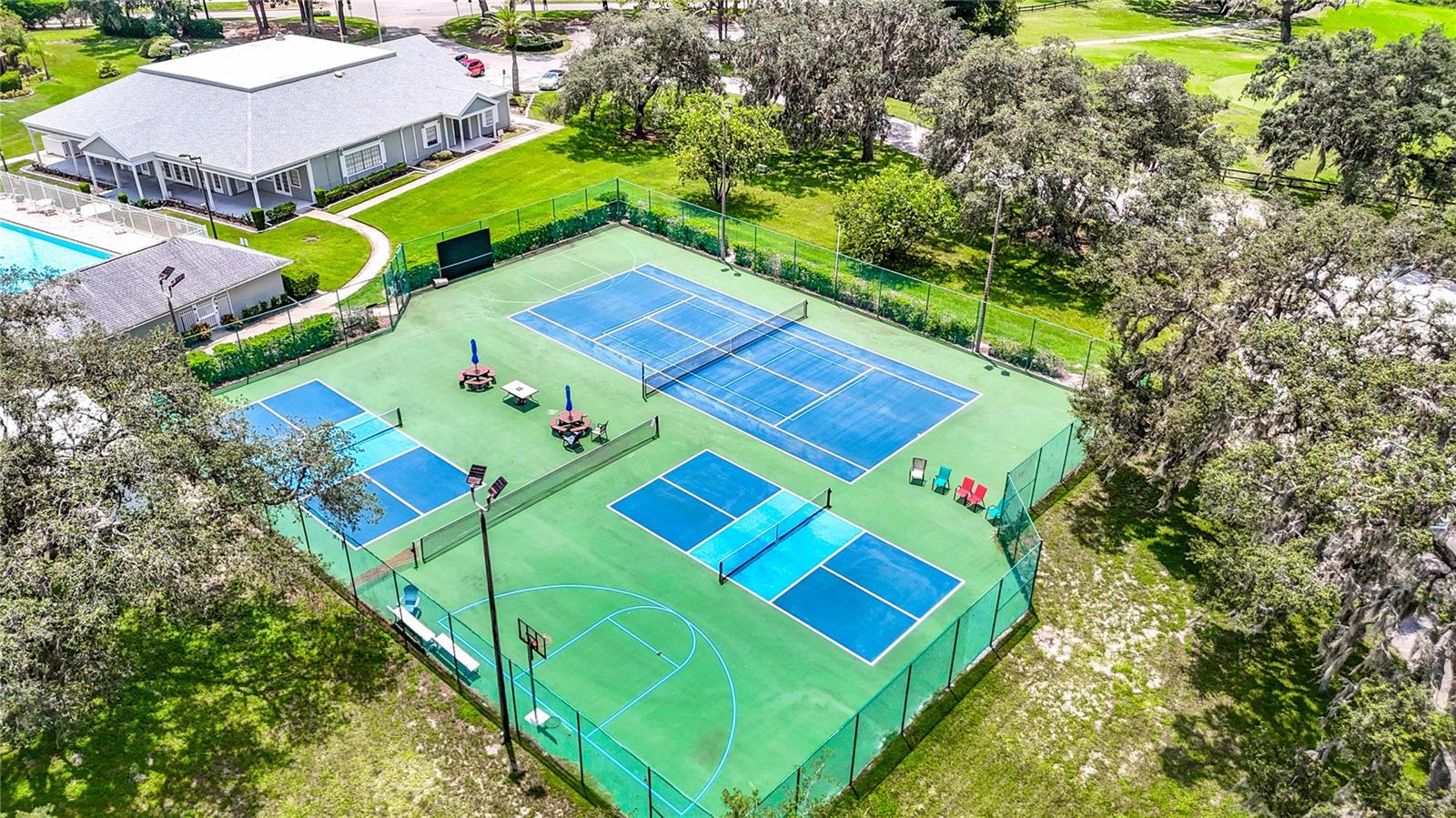 Tennis, Pickleball and 1/2 court basketball court.