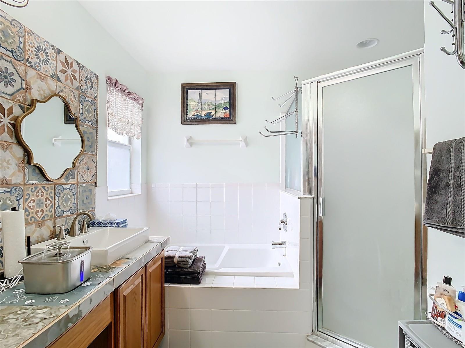 Primary en-suite bathroom with garden tub and separate shower stall