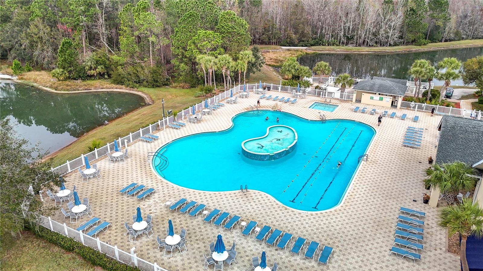 Aerial view of the main exquisite pool overlooking ponds and woods