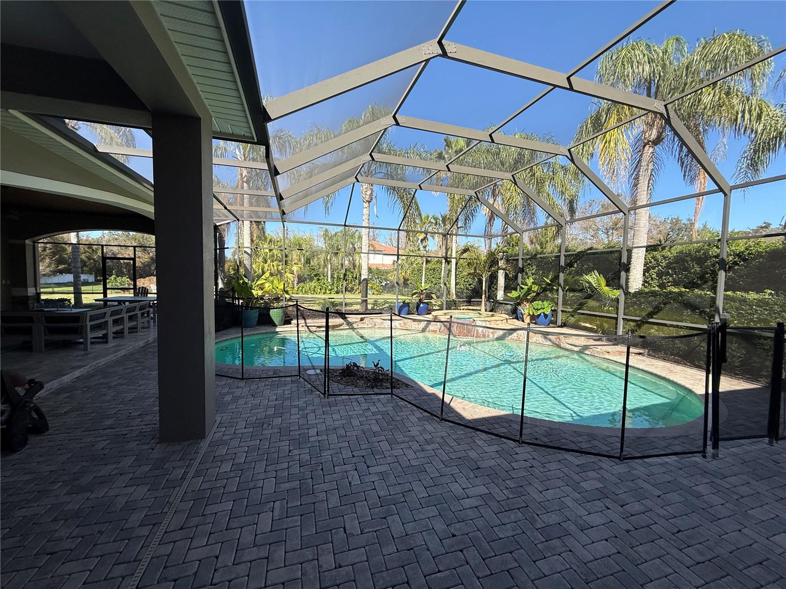 pool with screen enclosure and baby gate