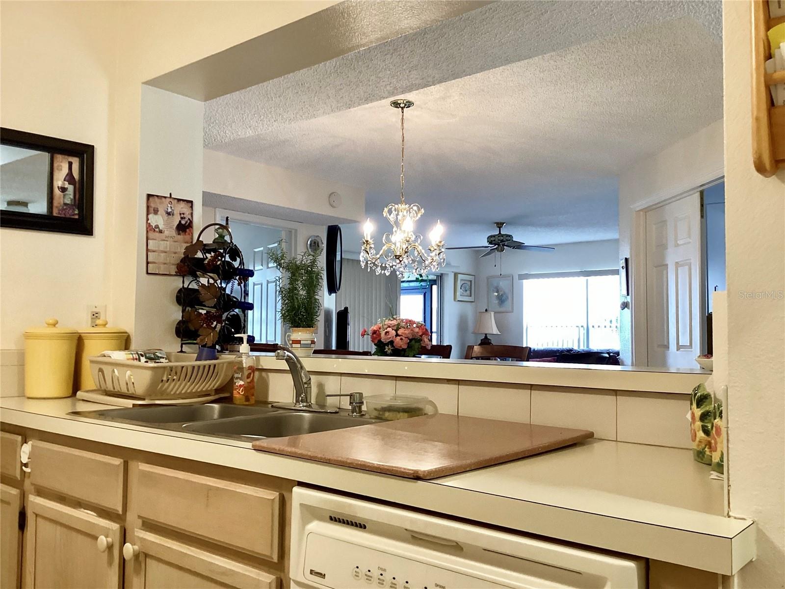 Kitchen view into living area.