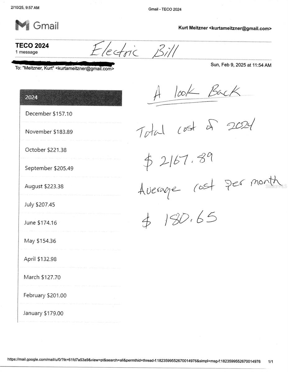 This image shows the past monthly electric bills for 2024. This is a very energy efficient home considering there is a pool.