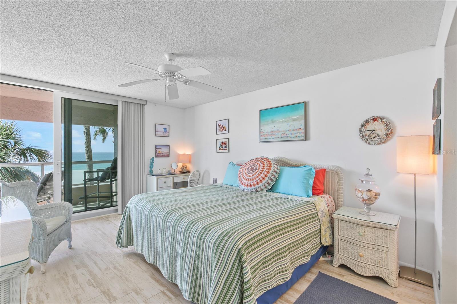 Lovely large primary suite.  There are two desk spaces.  One here in the primary suite, and one in the guest bedroom area. Or you can surf the 'net from your balcony!