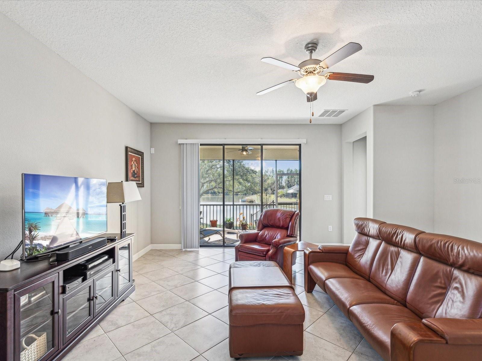 family room with pond view