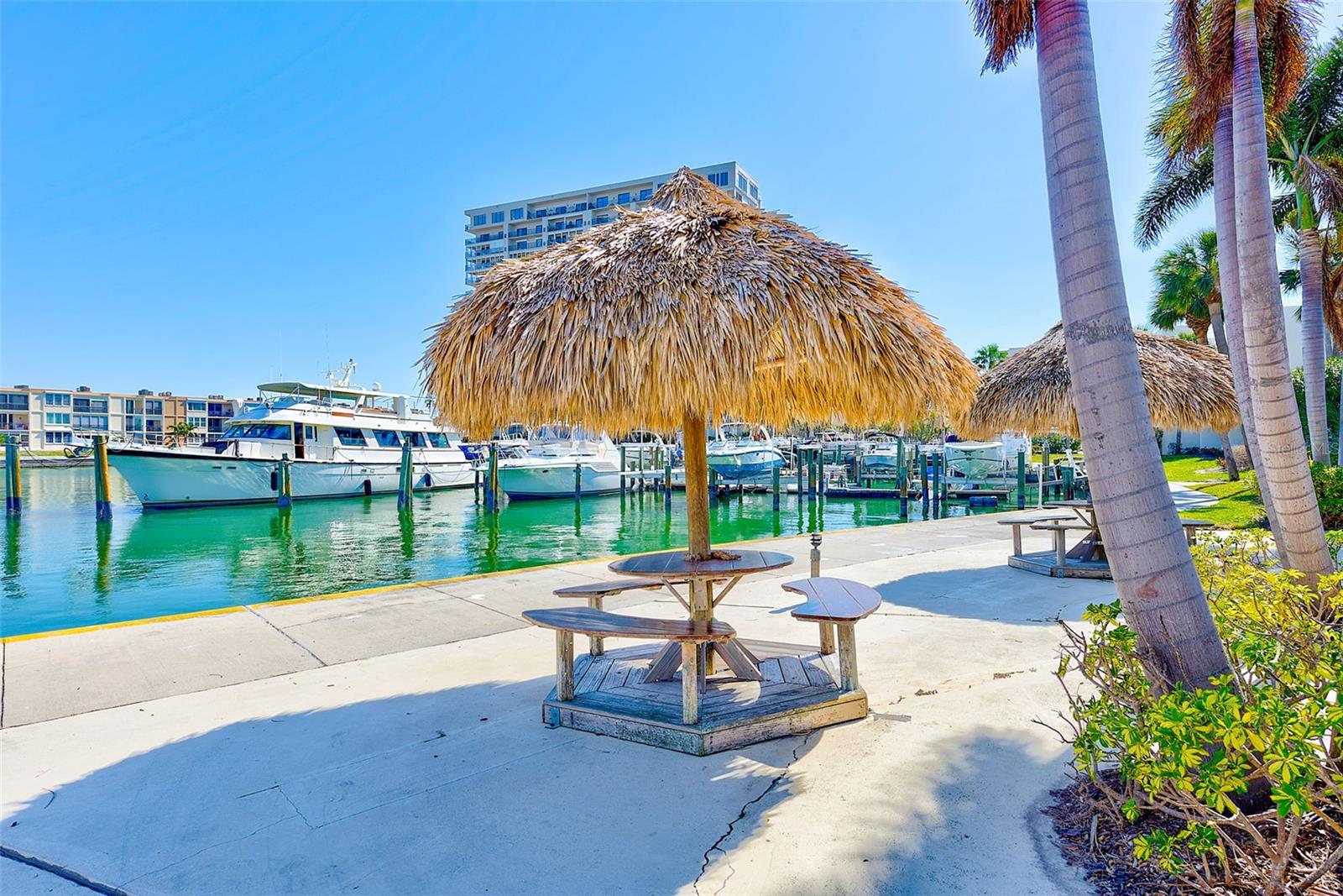 Tiki Huts for enjoying the marina water view or watch a pickleball match!