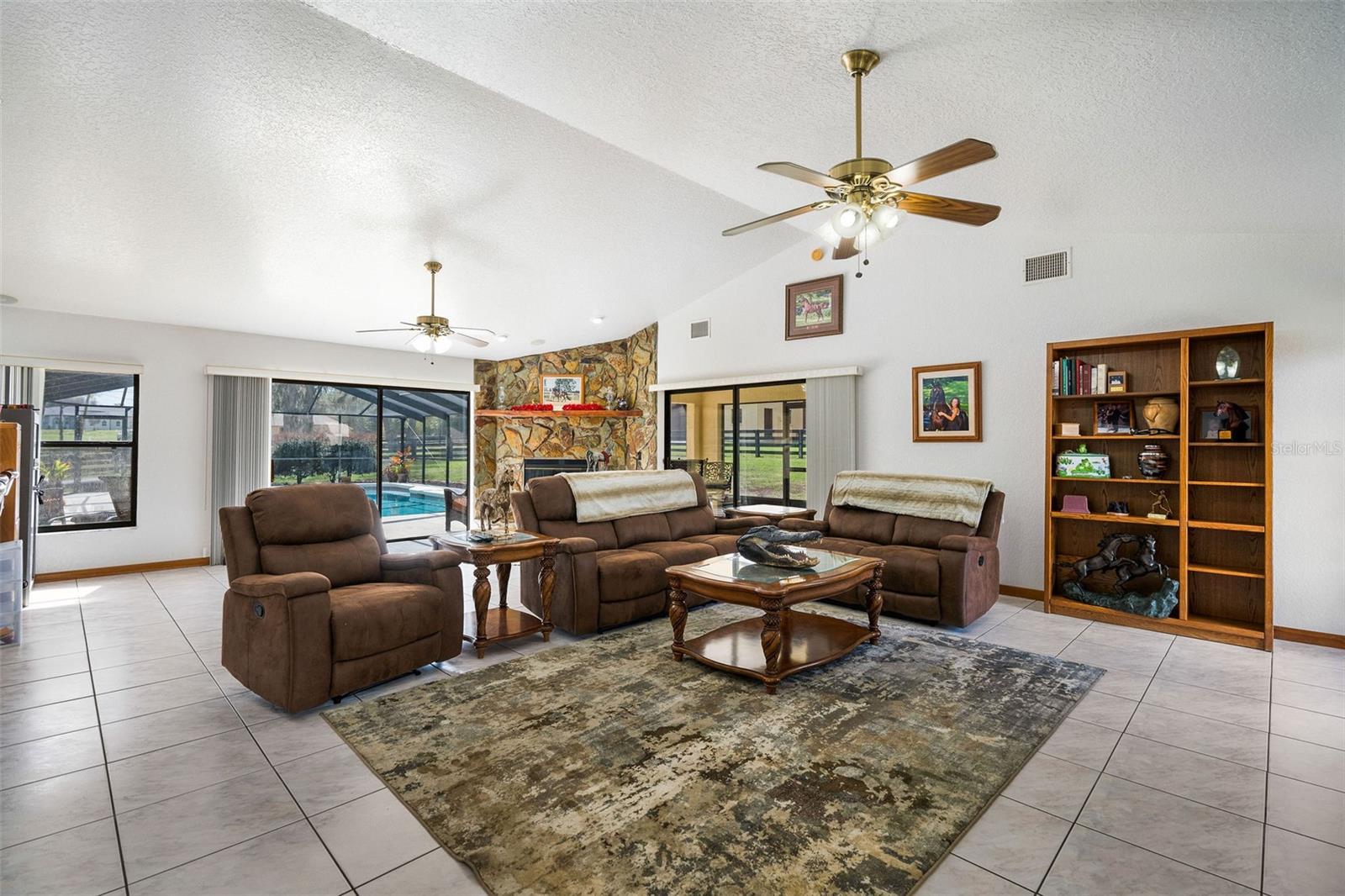 Great room with wood burning fireplace