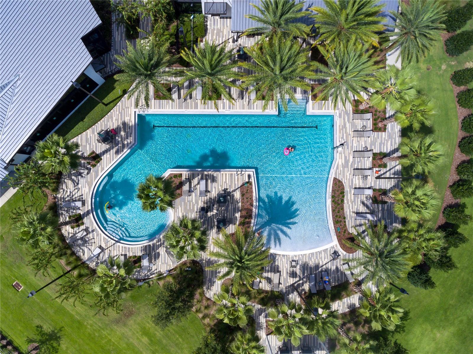 Aeriel of Pool, area for laps, lounging, and beach entry to shallow end