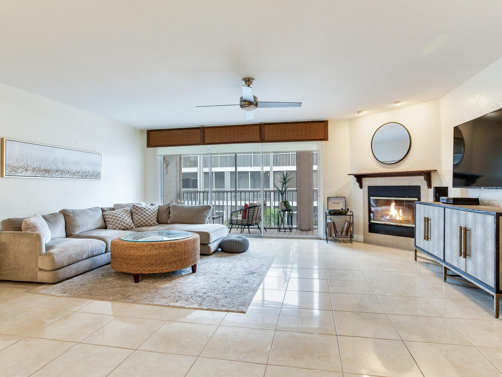 Family room with wood burning fireplace