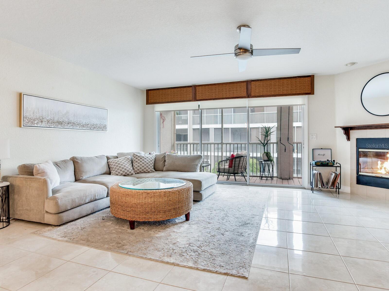 Family room with wood burning fireplace