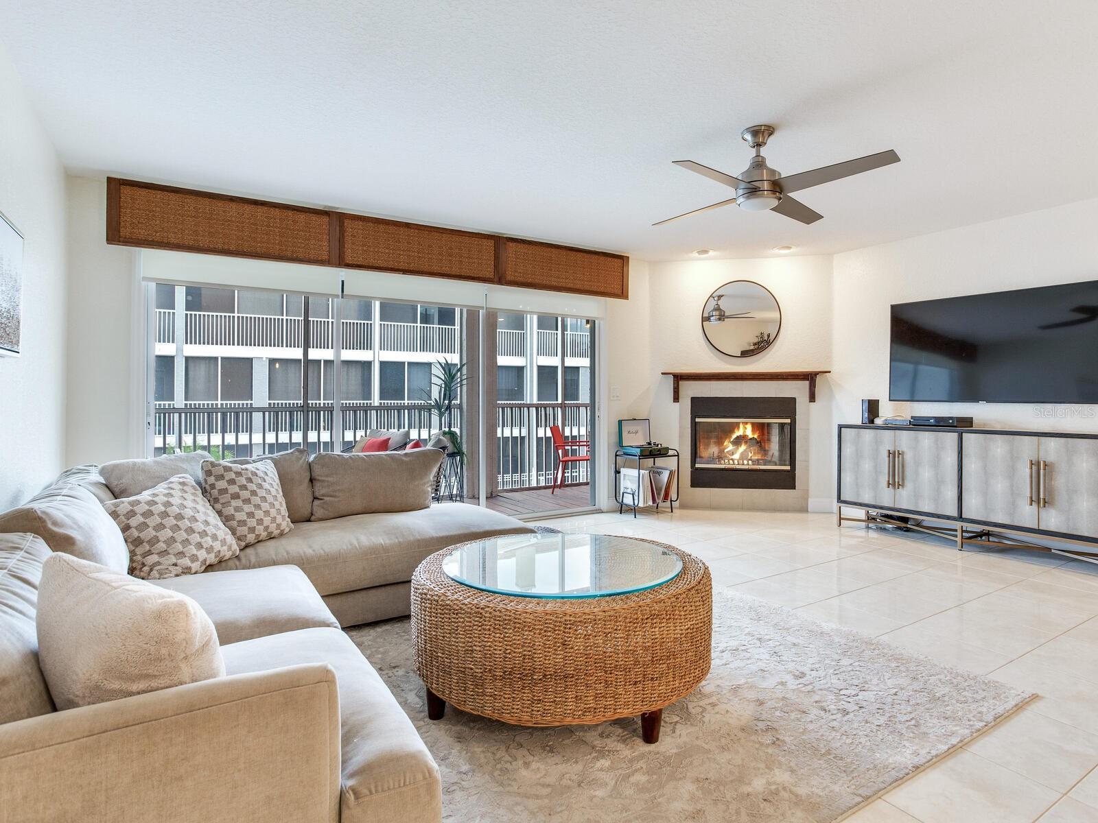 Family room with wood burning fireplace