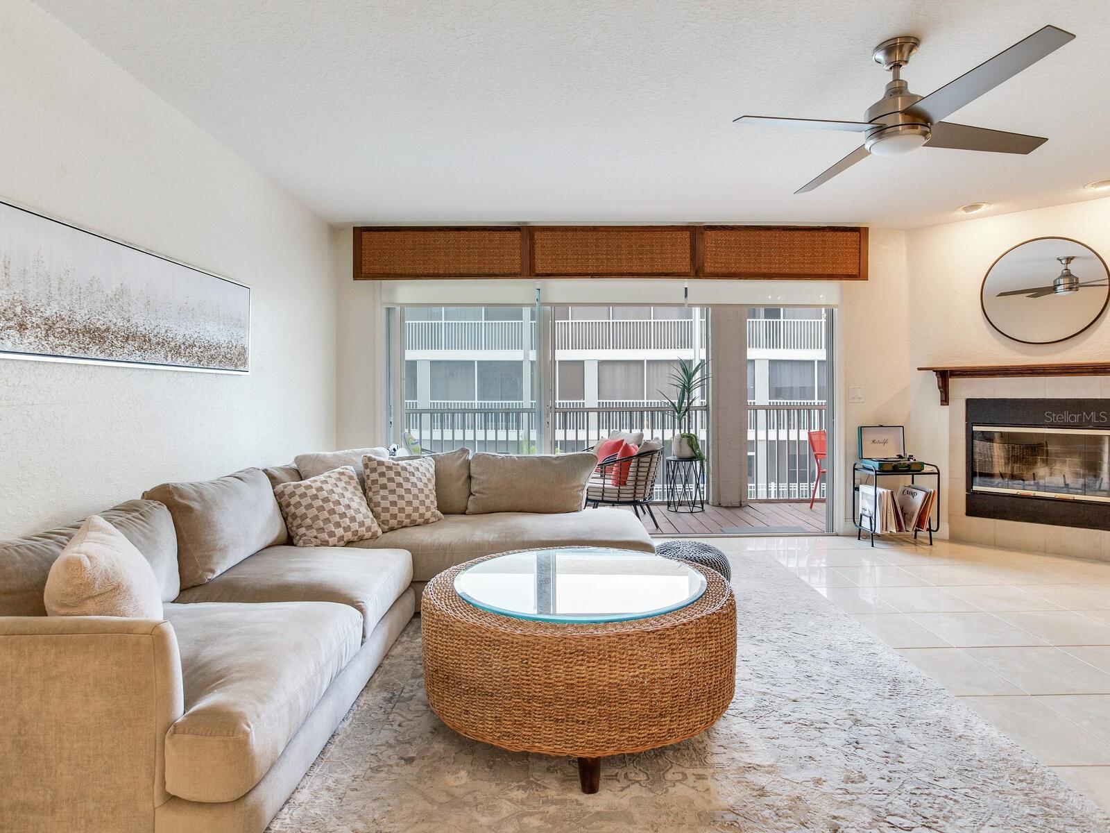 Family room with wood burning fireplace