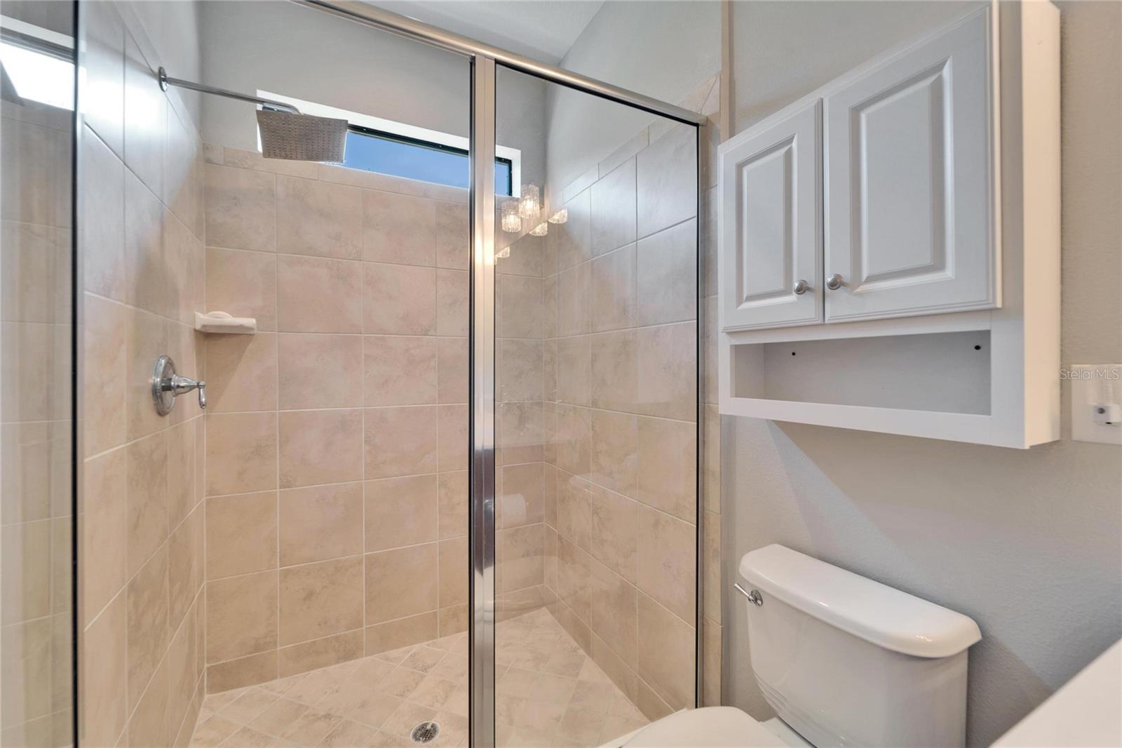 Step in shower with glass doors.