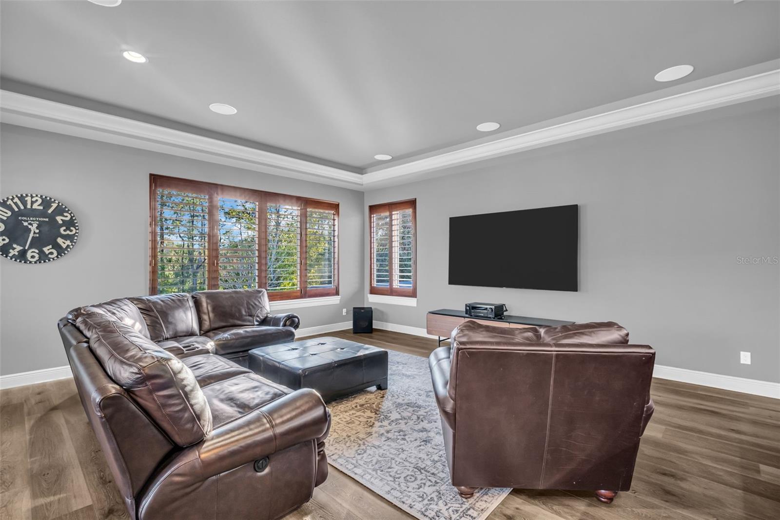 2nd floor Media Room with luxury vinyl flooring and a backyard view of Brooker Creek Preserve