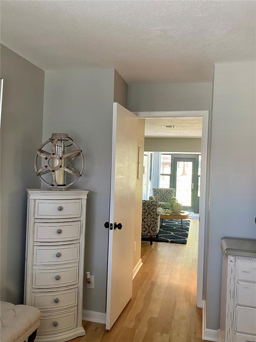 Master bedroom looking into living area