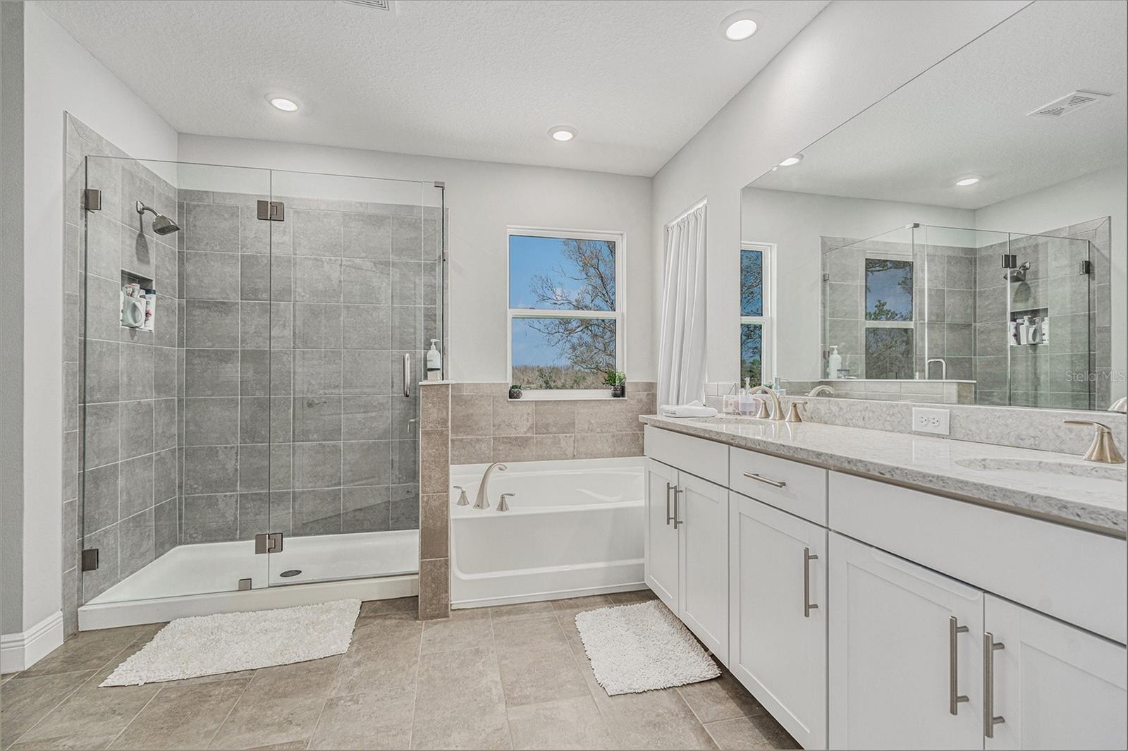 Large shower, separate tub, double sink