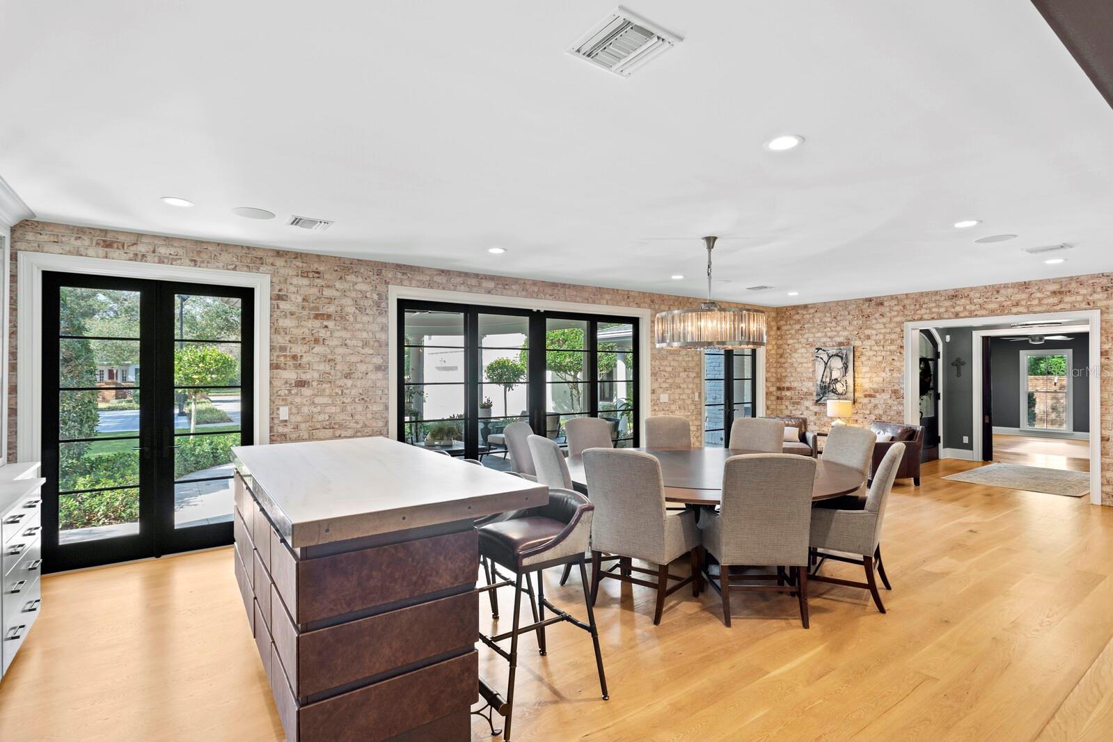 Wet bar and view of front gardens.