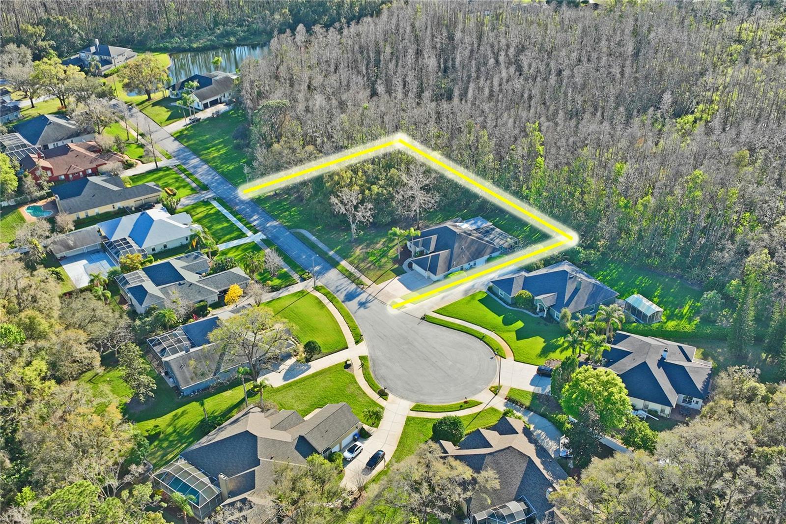 Arial view of cul-de-sac and south west conservation and property boundary