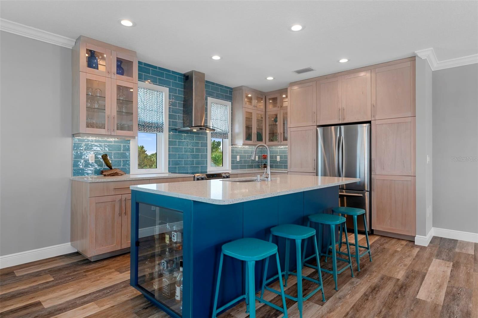 Custom built kitchen cabinetry-notice the sea blue backsplash tiles