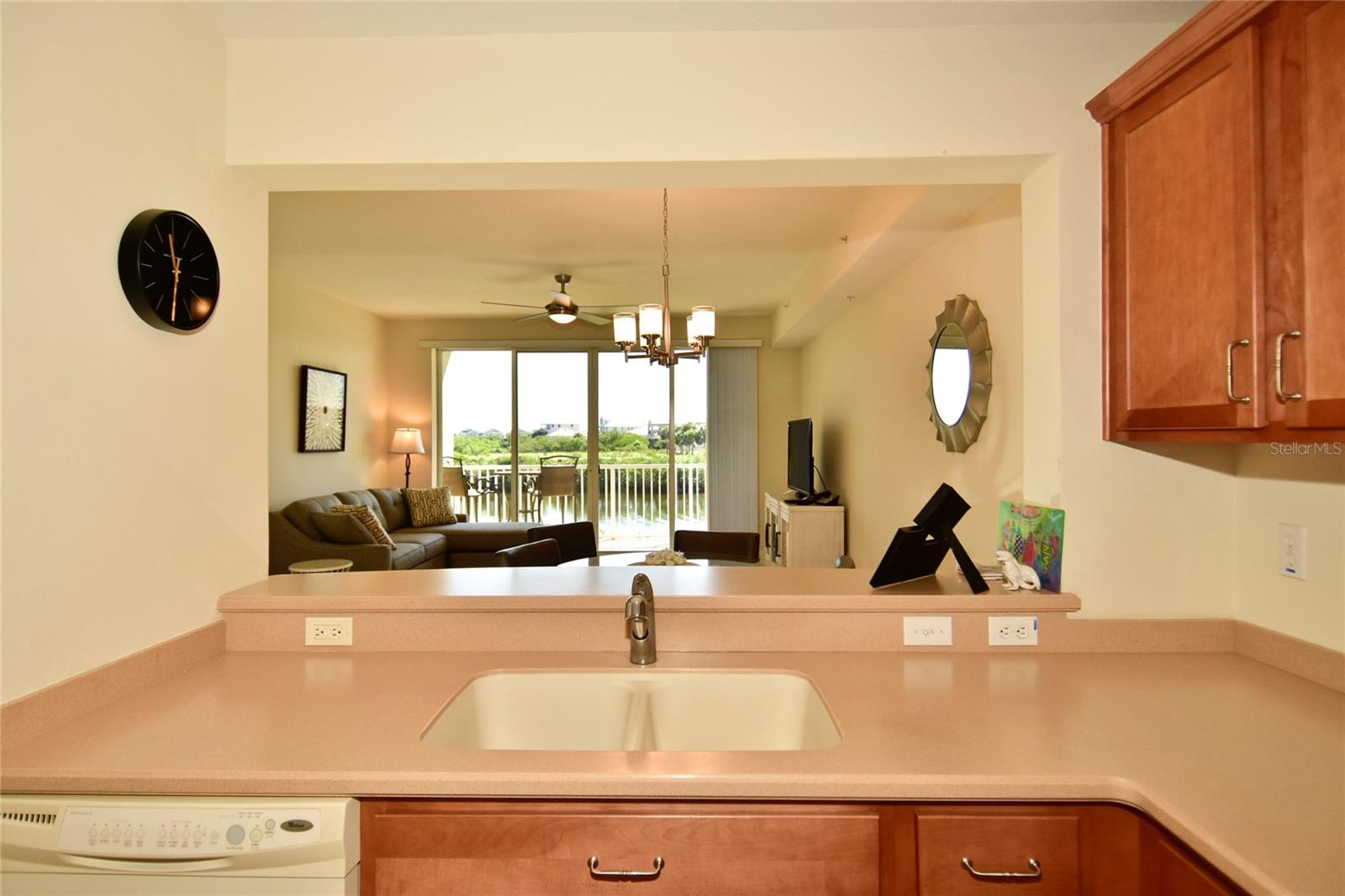 Kitchen View to Great Room and Balcony