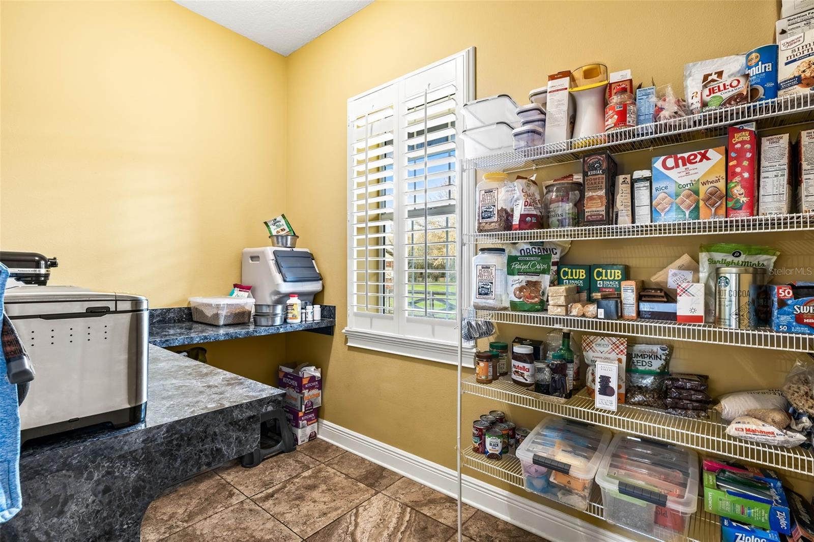 Walk in Pantry with built in counter space and shelving.