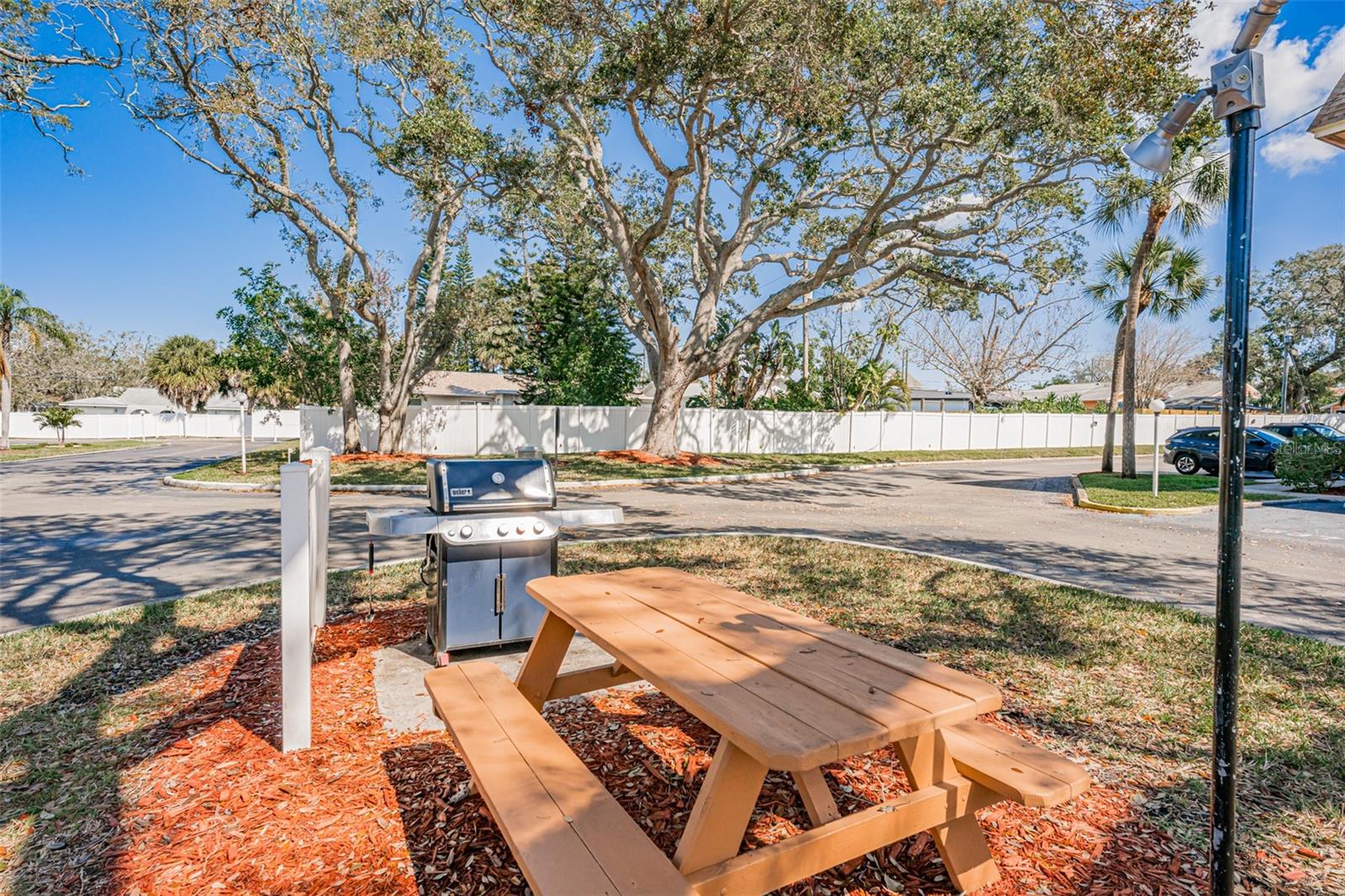 Outdoor grilling area with picnic table