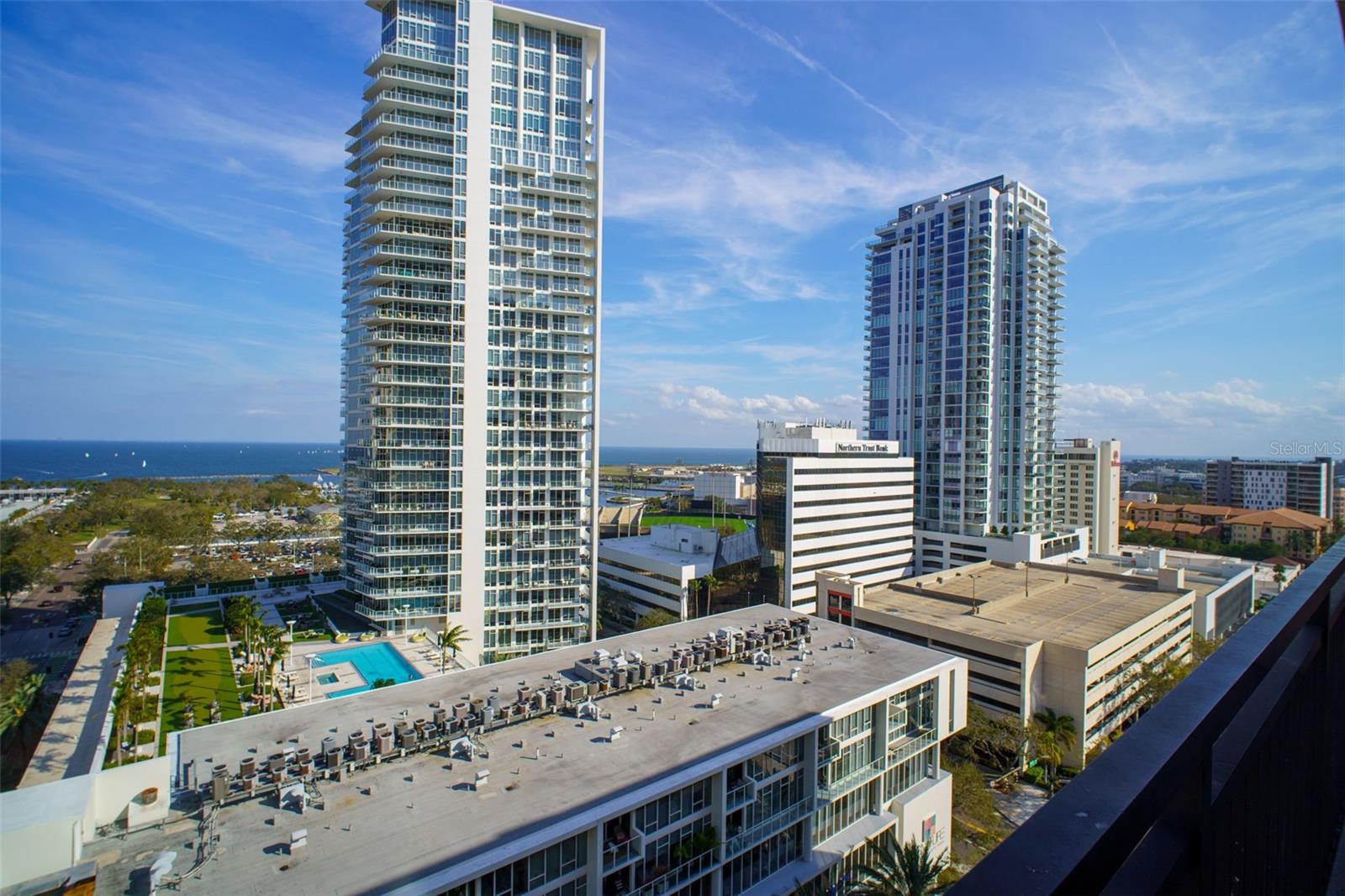 Views of Tampa Bay and the city of St Petersburg from balcony