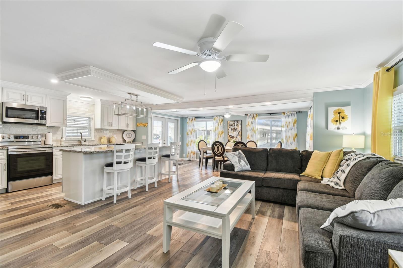 Living Room and Granite Kitchen island