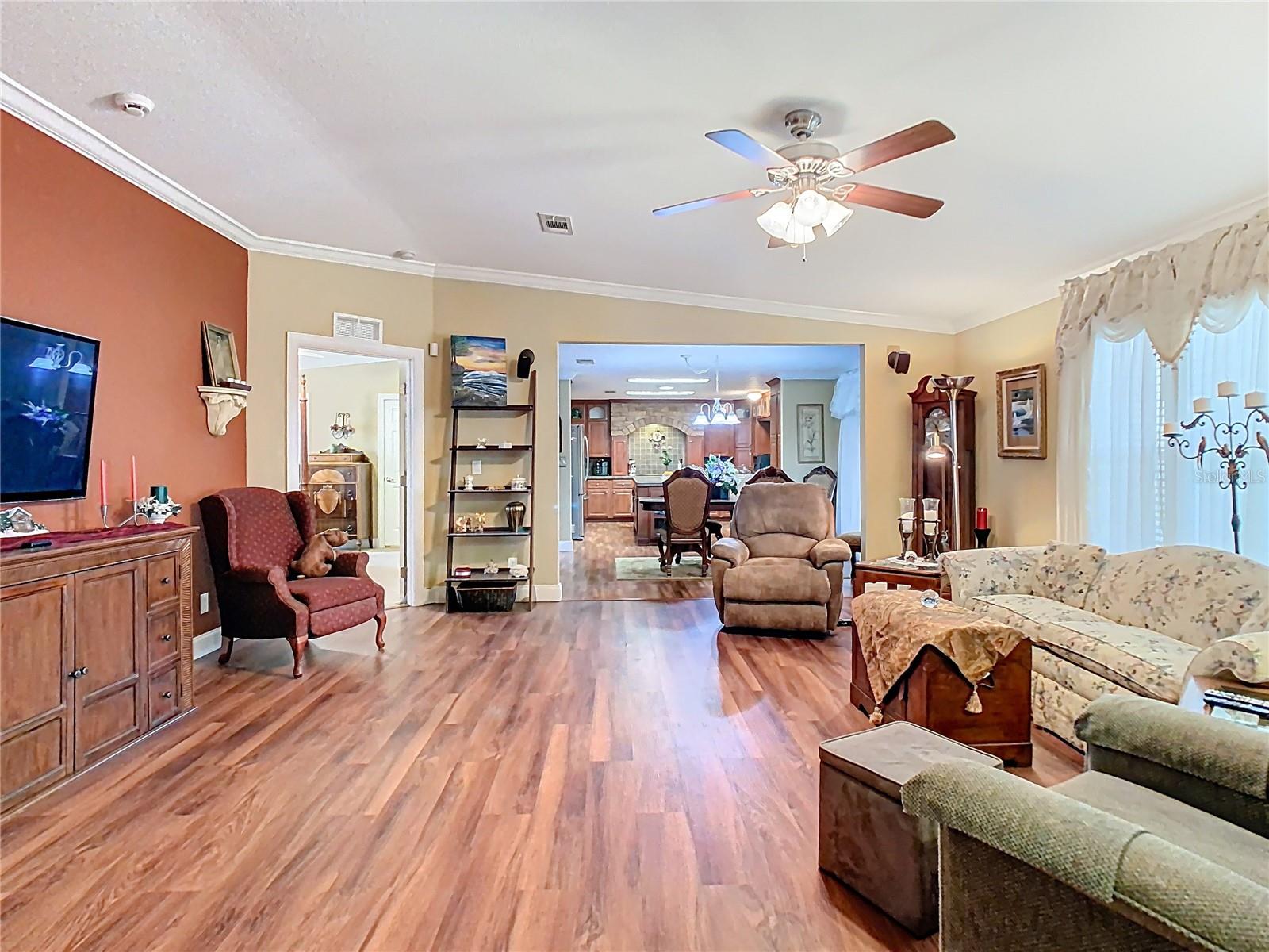 Living room into dining & kitchen