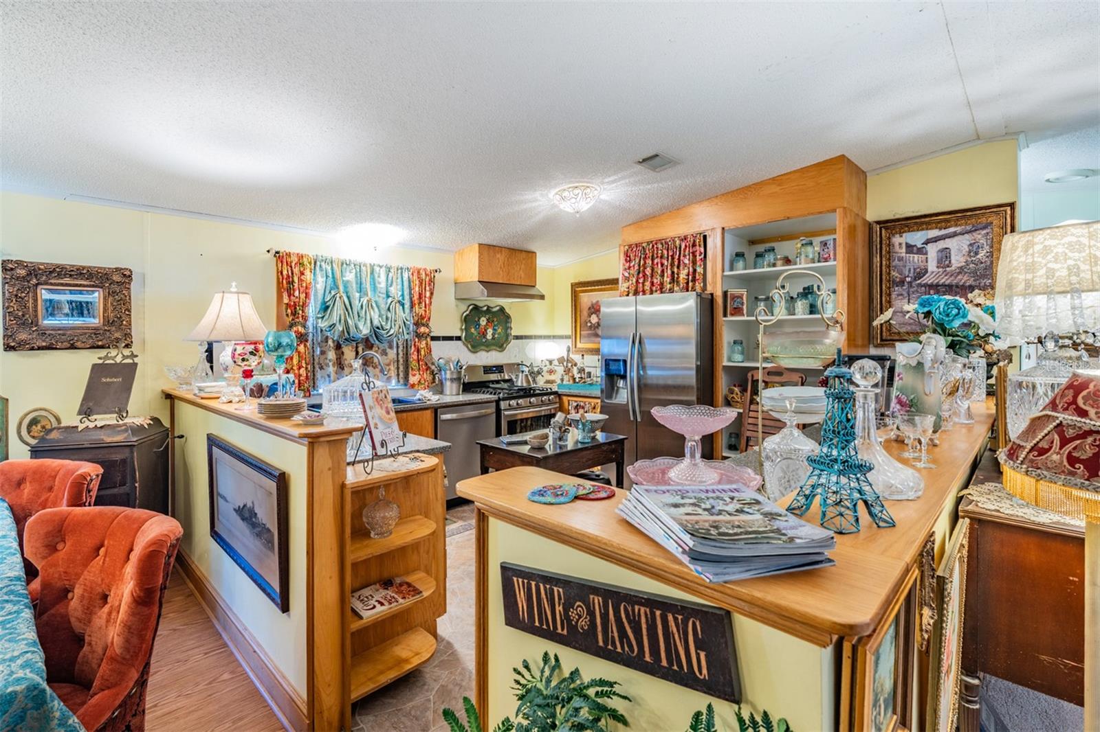 Lots of shelves and cupboards in this renovated kitchen!