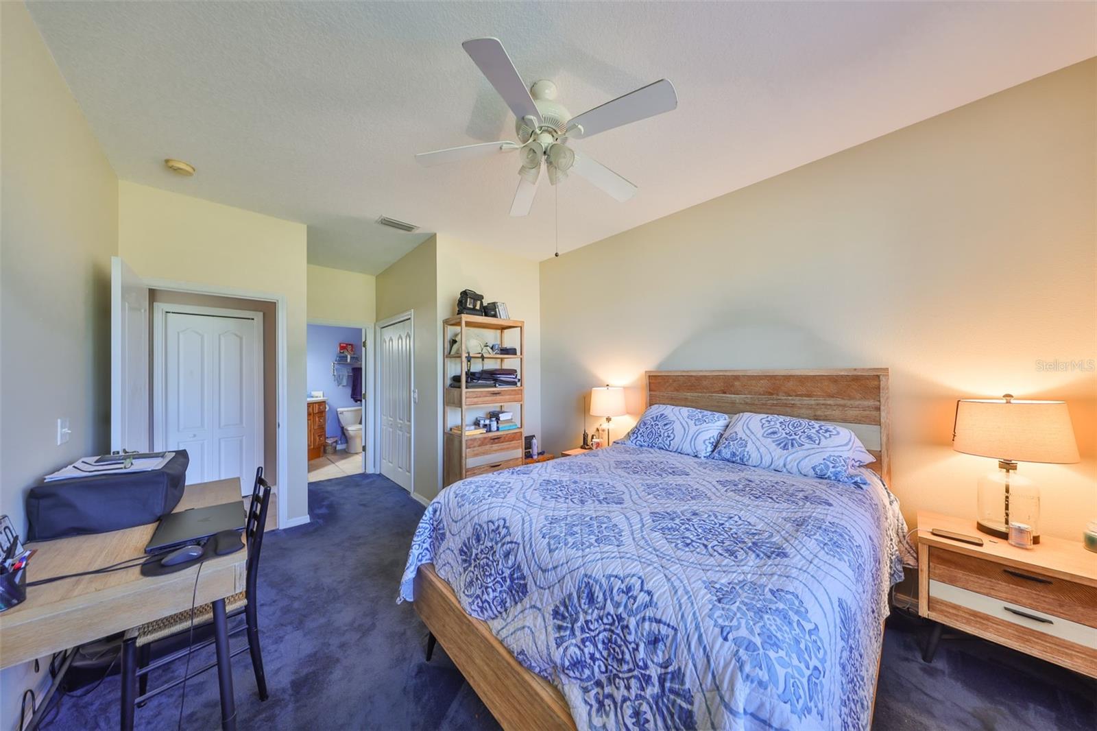 Primary bedroom with plush carpeting