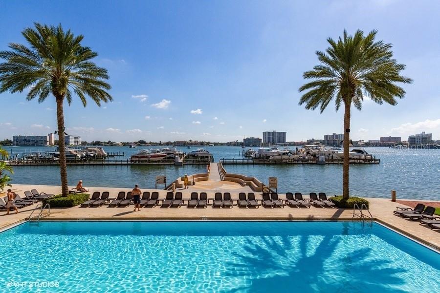 A large Heated Pool and Spa have unobstructed views over the Marina